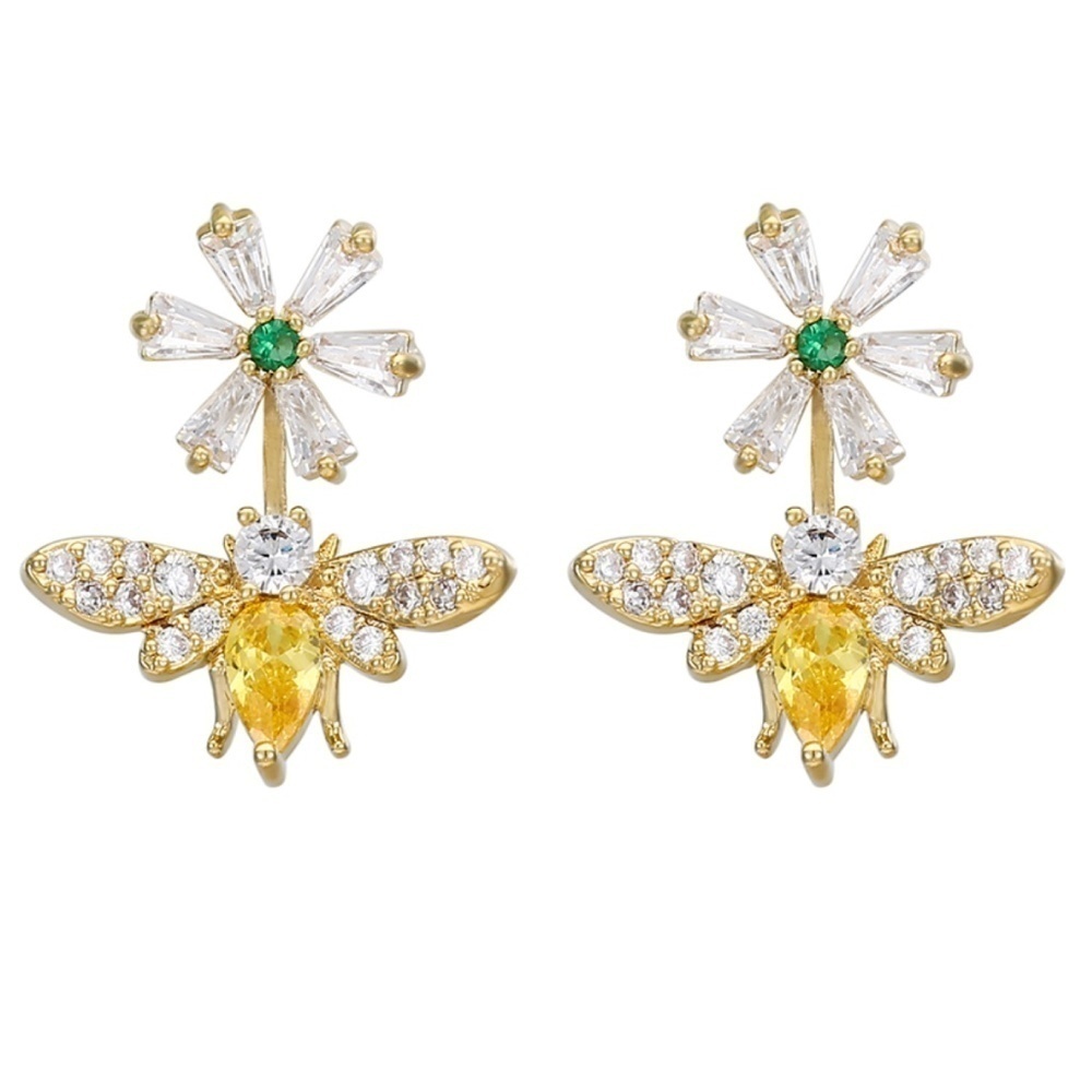 Gold plated CZ Bee Flower Drop Earrings
